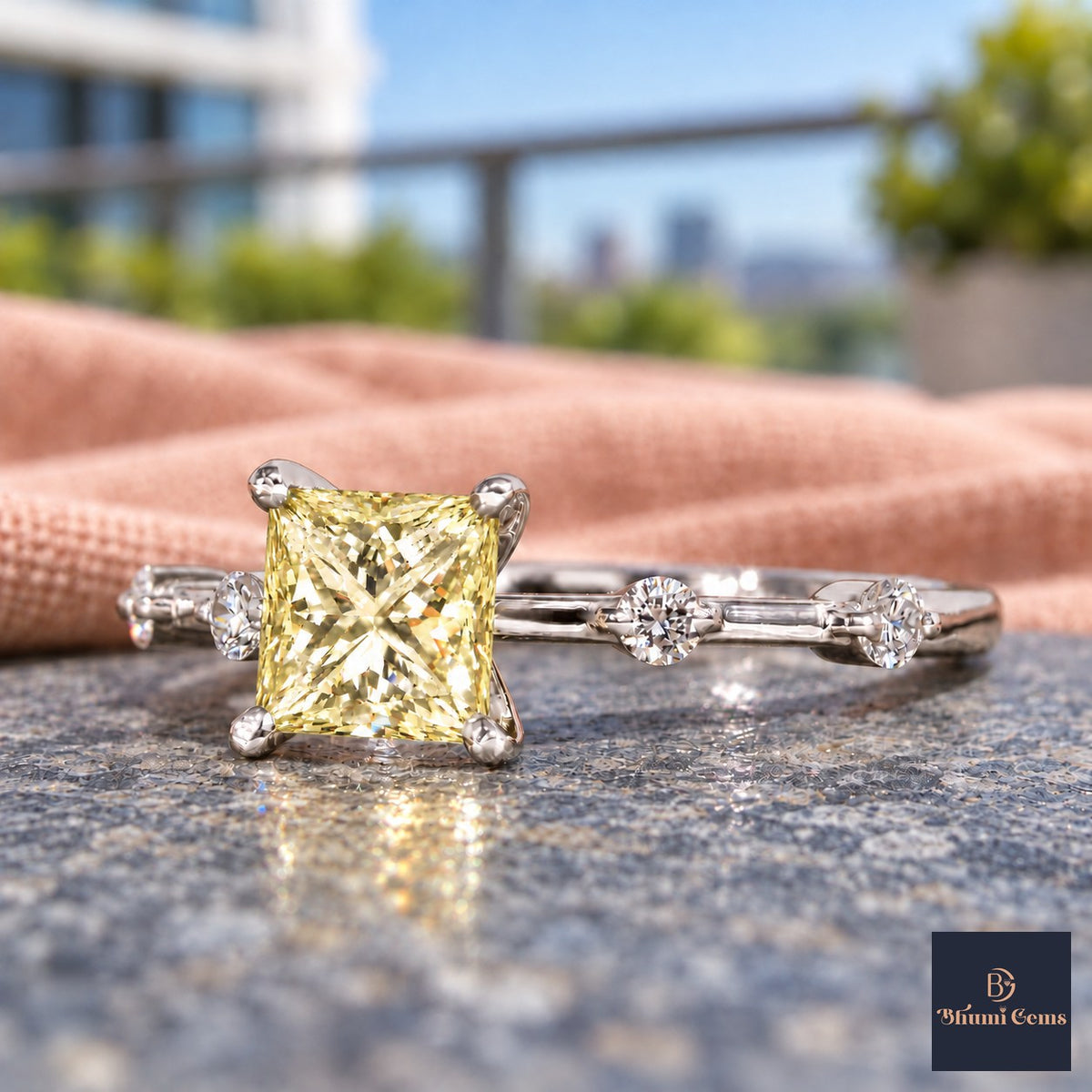 Yellow Princess Cut Lab Grown Diamond Engagement Ring - Station Band in white gold, close-up