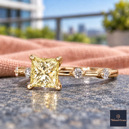 Yellow Princess Cut Lab Grown Diamond Engagement Ring - Station Band in yellow gold, close-up