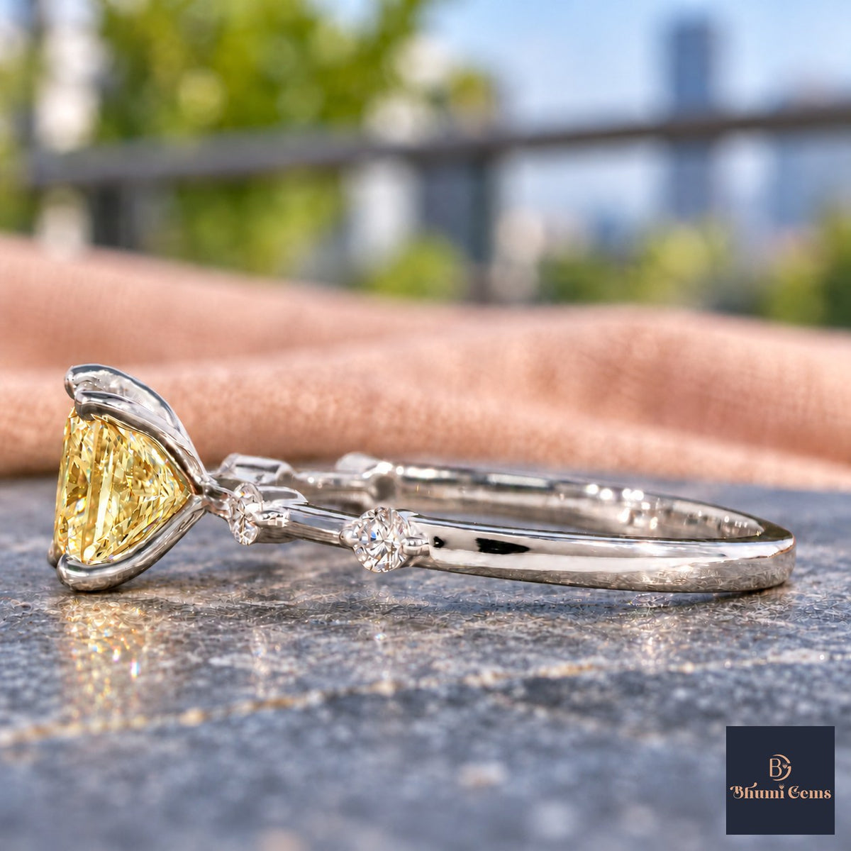 Yellow Princess Cut Lab Grown Diamond Engagement Ring - Station Band in white gold, side view