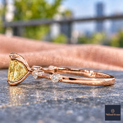 Yellow Princess Cut Lab Grown Diamond Engagement Ring - Station Band in rose gold, side view