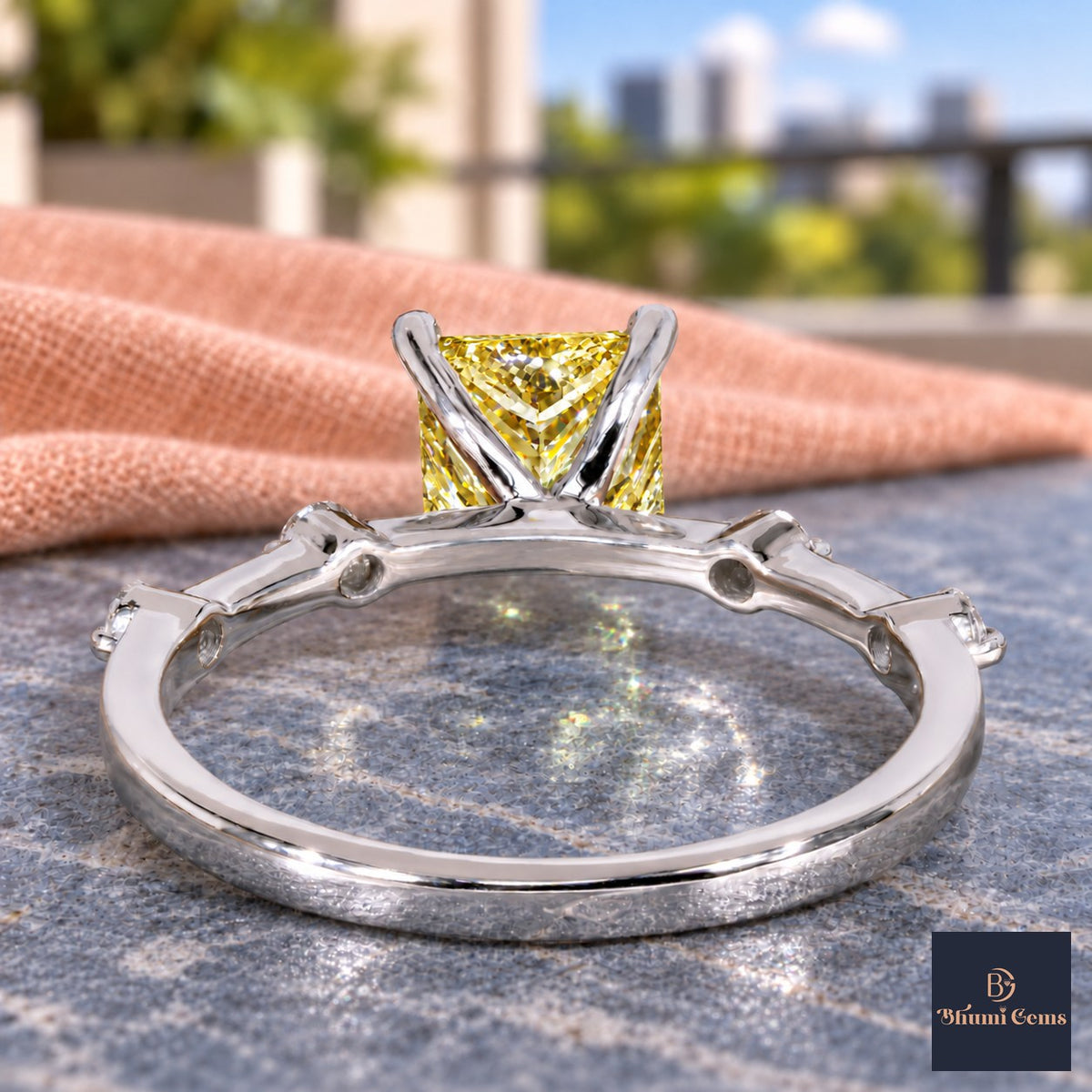 Yellow Princess Cut Lab Grown Diamond Engagement Ring - Station Band in white gold, gallery view