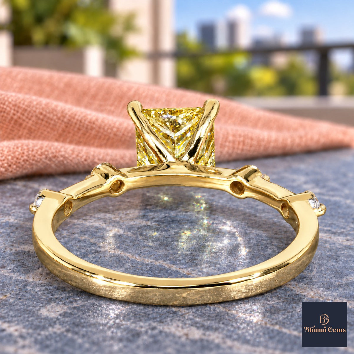 Yellow Princess Cut Lab Grown Diamond Engagement Ring - Station Band in yellow gold, gallery view