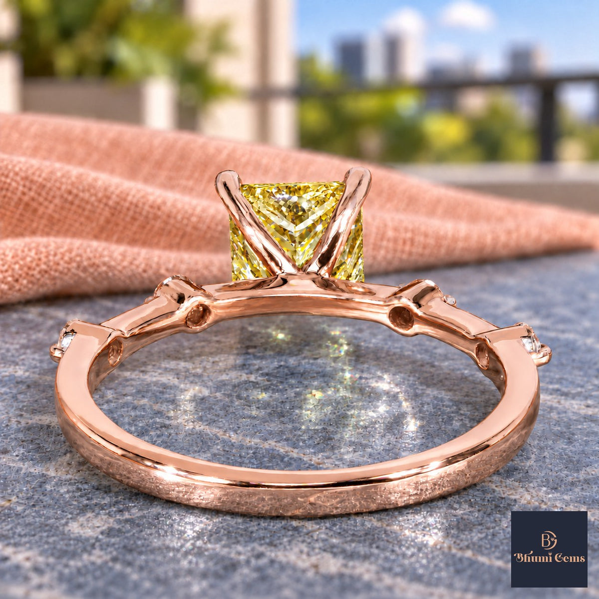Yellow Princess Cut Lab Grown Diamond Engagement Ring - Station Band in rose gold, gallery view
