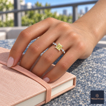 Yellow Princess Cut Lab Grown Diamond Engagement Ring - Station Band in white gold, on the hand