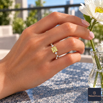 Yellow Princess Cut Lab Grown Diamond Engagement Ring - Station Band in yellow gold, on the hand