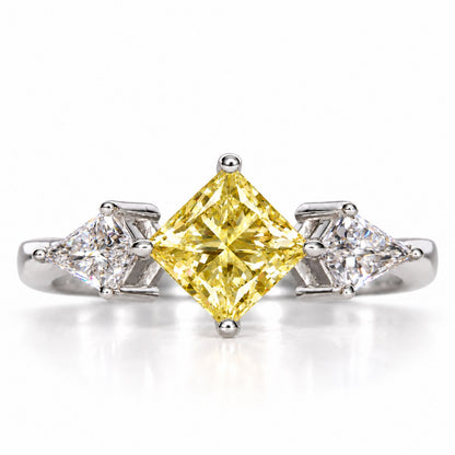 Yellow Princess Cut Lab Grown Diamond Engagement Ring - Trillion Three Stone in white gold, front view