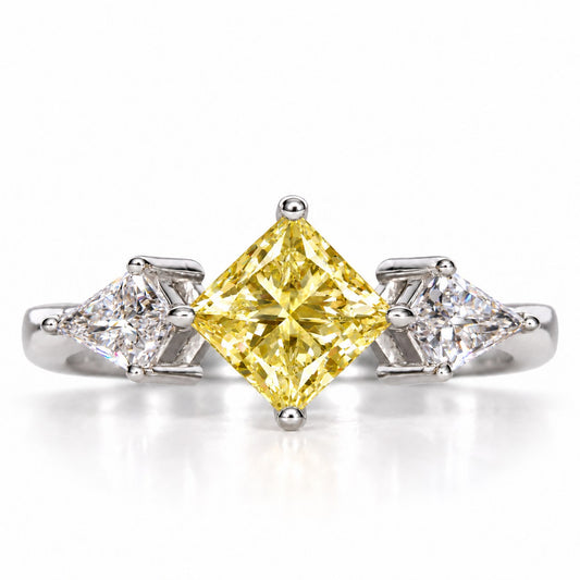 Yellow Princess Cut Lab Grown Diamond Engagement Ring - Trillion Three Stone in white gold, front view