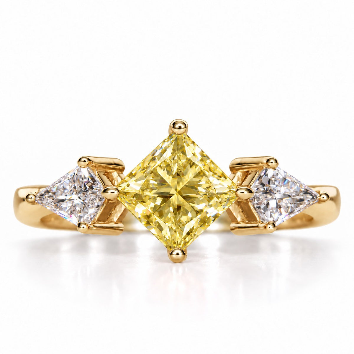 Yellow Princess Cut Lab Grown Diamond Engagement Ring - Trillion Three Stone in yellow gold, front view