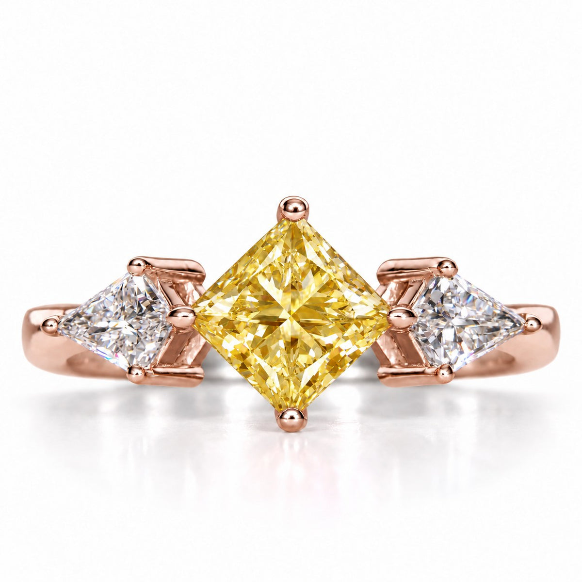 Yellow Princess Cut Lab Grown Diamond Engagement Ring - Trillion Three Stone in rose gold, front view