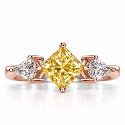 Yellow Princess Cut Lab Grown Diamond Engagement Ring - Trillion Three Stone in rose gold, front view