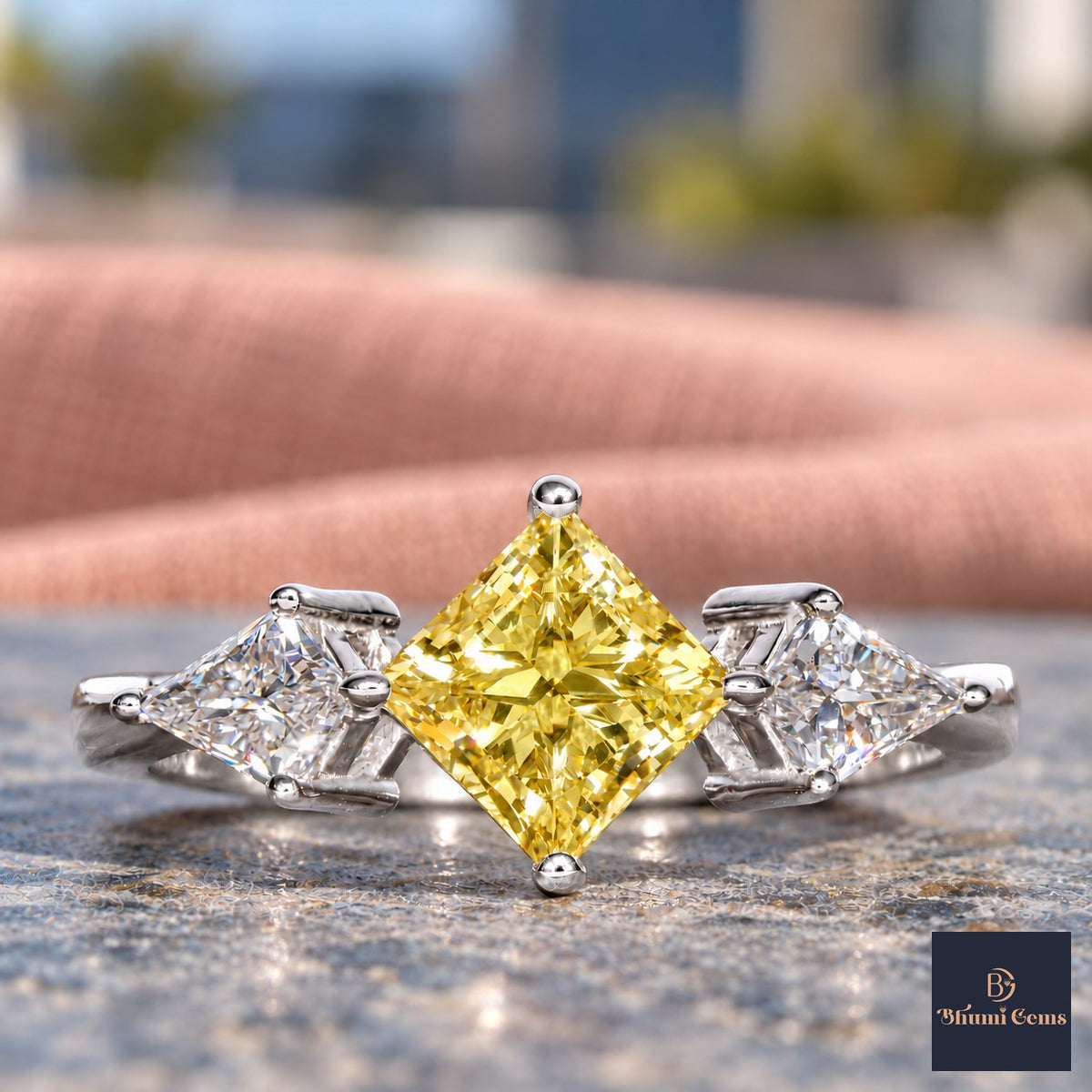 Yellow Princess Cut Lab Grown Diamond Engagement Ring - Trillion Three Stone in white gold, close-up