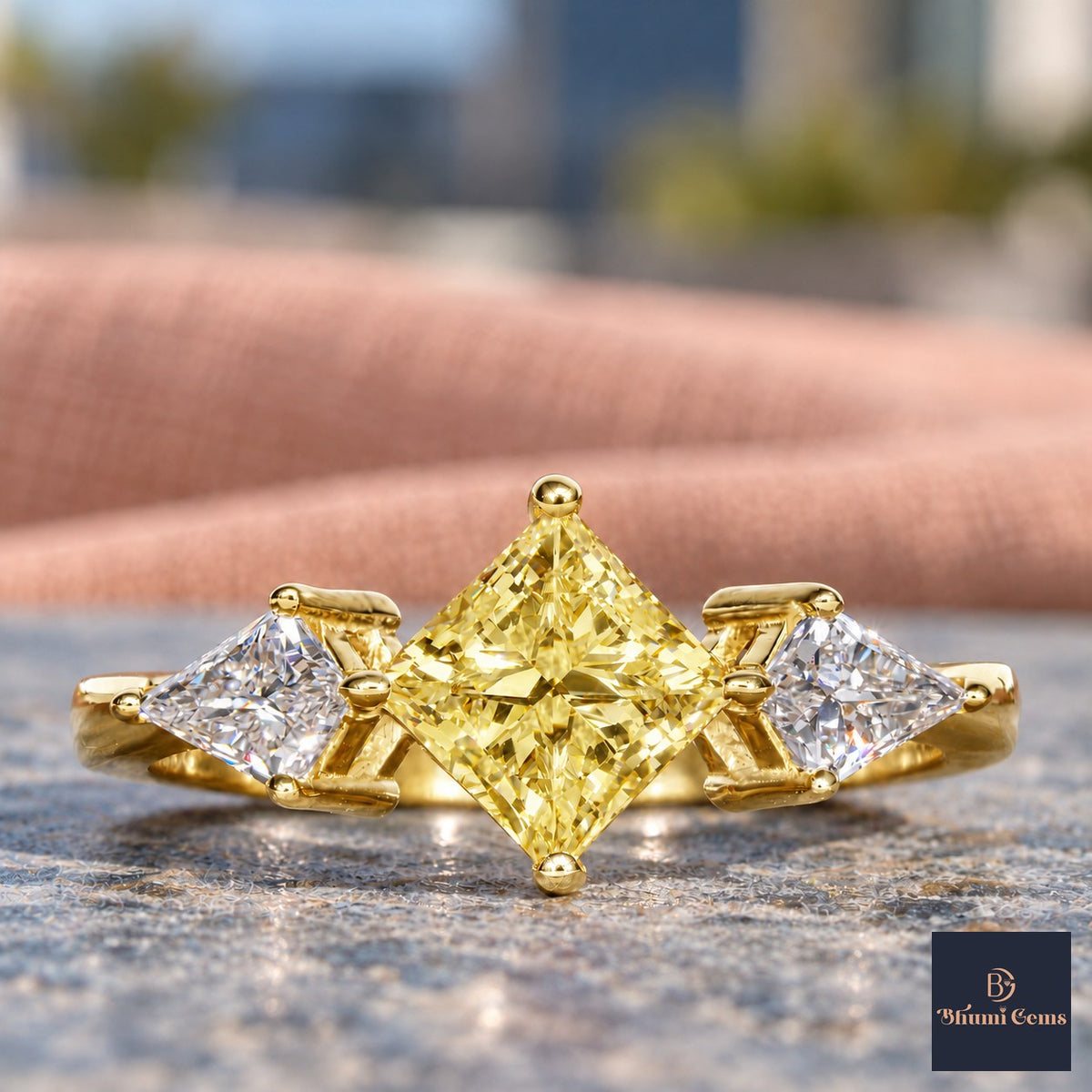 Yellow Princess Cut Lab Grown Diamond Engagement Ring - Trillion Three Stone in yellow gold, close-up