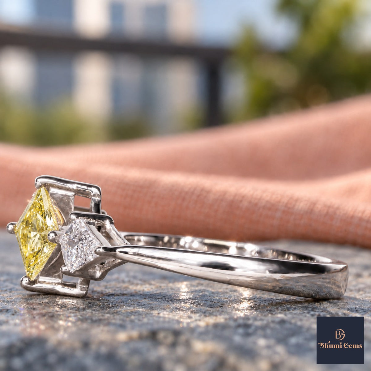 Yellow Princess Cut Lab Grown Diamond Engagement Ring - Trillion Three Stone in white gold, side view