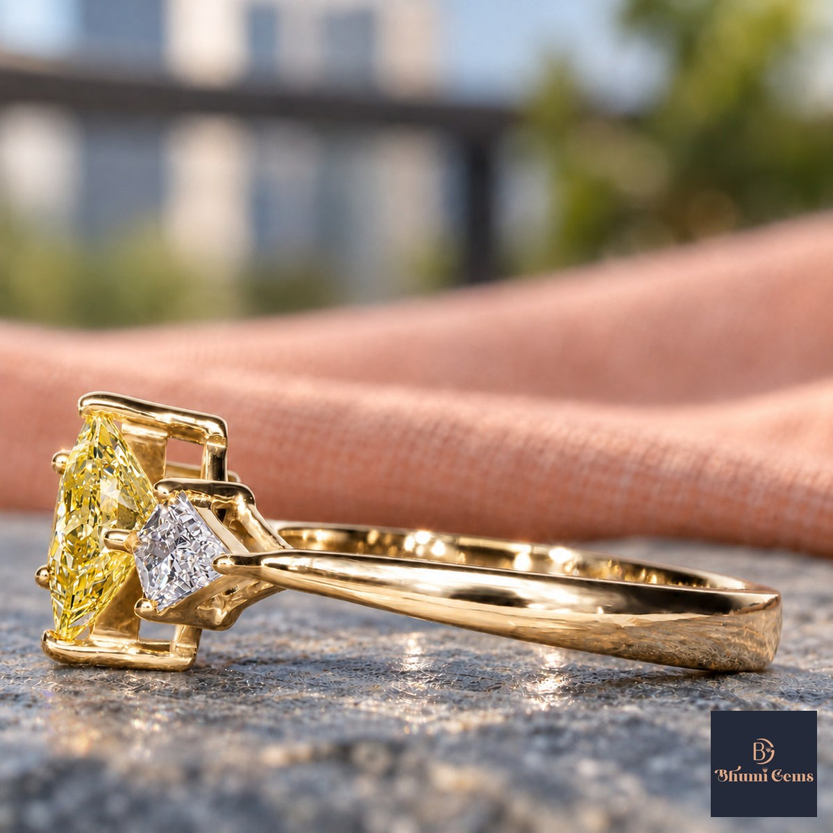 Yellow Princess Cut Lab Grown Diamond Engagement Ring - Trillion Three Stone in yellow gold, side view