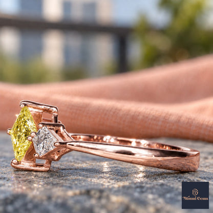 Yellow Princess Cut Lab Grown Diamond Engagement Ring - Trillion Three Stone in rose gold, side view
