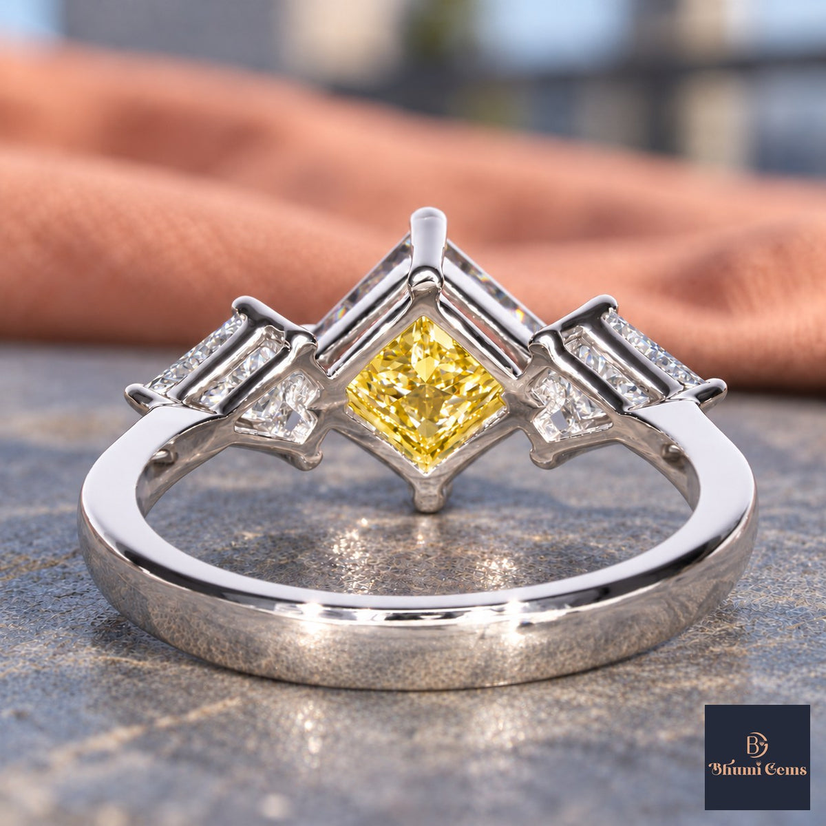 Yellow Princess Cut Lab Grown Diamond Engagement Ring - Trillion Three Stone in white gold, gallery view