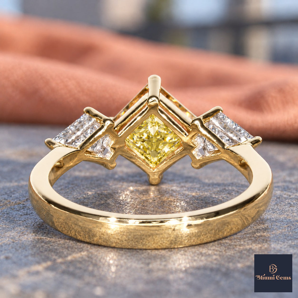 Yellow Princess Cut Lab Grown Diamond Engagement Ring - Trillion Three Stone in yellow gold, gallery view