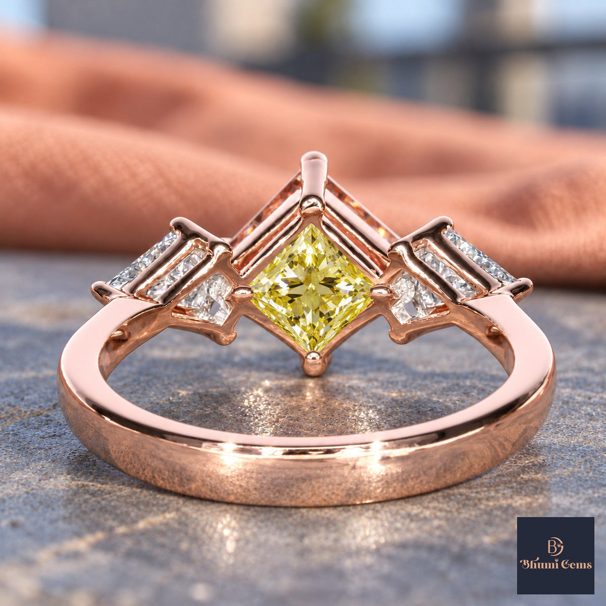 Yellow Princess Cut Lab Grown Diamond Engagement Ring - Trillion Three Stone in rose gold, gallery view