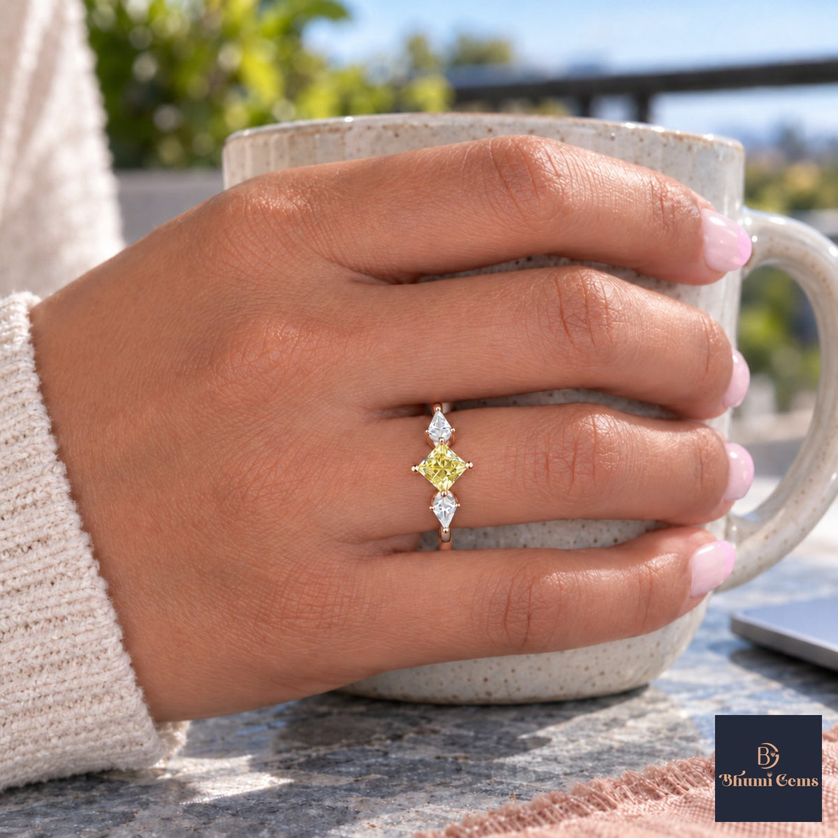 Yellow Princess Cut Lab Grown Diamond Engagement Ring - Trillion Three Stone in rose gold, on the hand