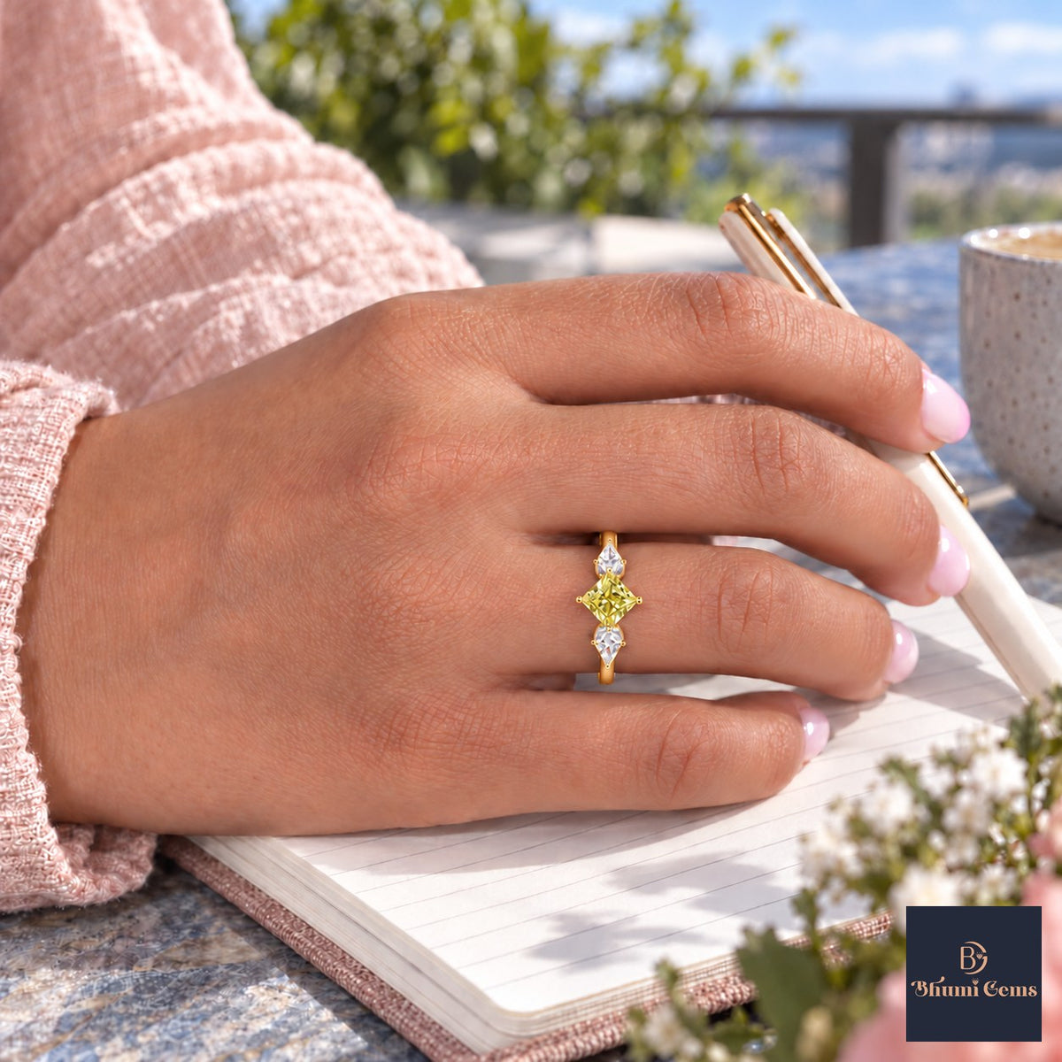 Yellow Princess Cut Lab Grown Diamond Engagement Ring - Trillion Three Stone in yellow gold, worn on the hand
