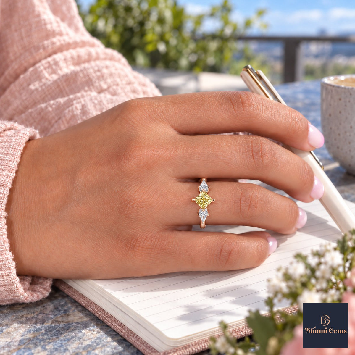Yellow Princess Cut Lab Grown Diamond Engagement Ring - Trillion Three Stone in rose gold, worn on the hand