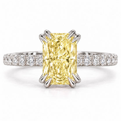 Yellow Radiant Cut Lab Grown Diamond Engagement Ring - Cathedral Pave Band in white gold, front view