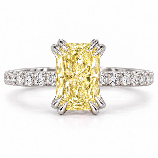 Yellow Radiant Cut Lab Grown Diamond Engagement Ring - Cathedral Pave Band in white gold, front view