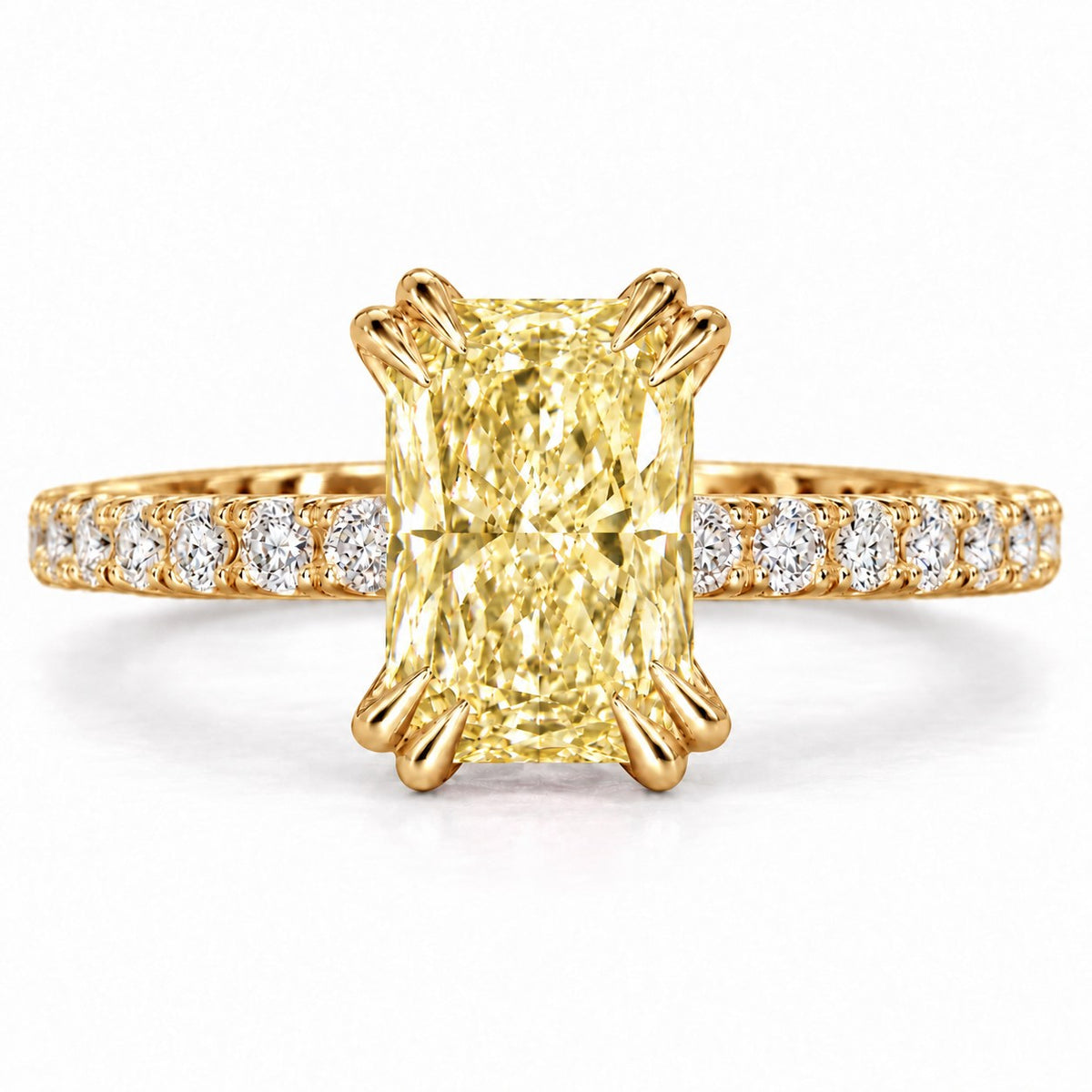Yellow Radiant Cut Lab Grown Diamond Engagement Ring - Cathedral Pave Band in yellow gold, front view