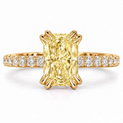 Yellow Radiant Cut Lab Grown Diamond Engagement Ring - Cathedral Pave Band in yellow gold, front view