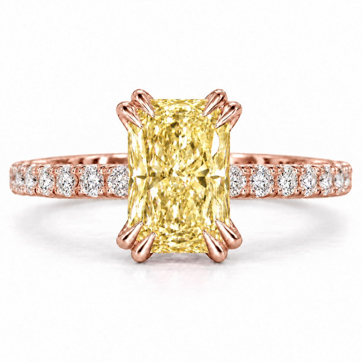 Yellow Radiant Cut Lab Grown Diamond Engagement Ring - Cathedral Pave Band in rose gold, front view