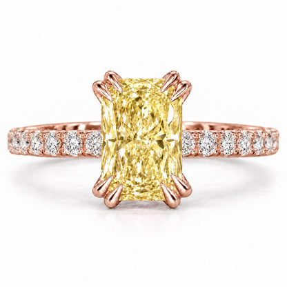 Yellow Radiant Cut Lab Grown Diamond Engagement Ring - Cathedral Pave Band in rose gold, front view