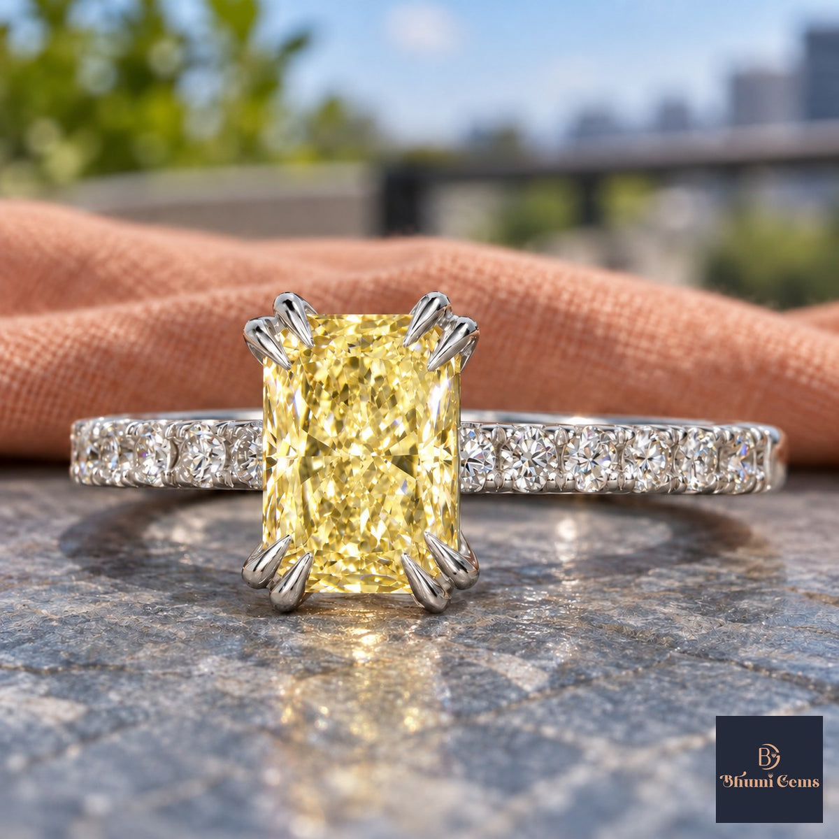 Yellow Radiant Cut Lab Grown Diamond Engagement Ring - Cathedral Pave Band in white gold, close-up