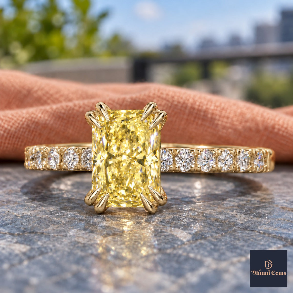 Yellow Radiant Cut Lab Grown Diamond Engagement Ring - Cathedral Pave Band in yellow gold, close-up