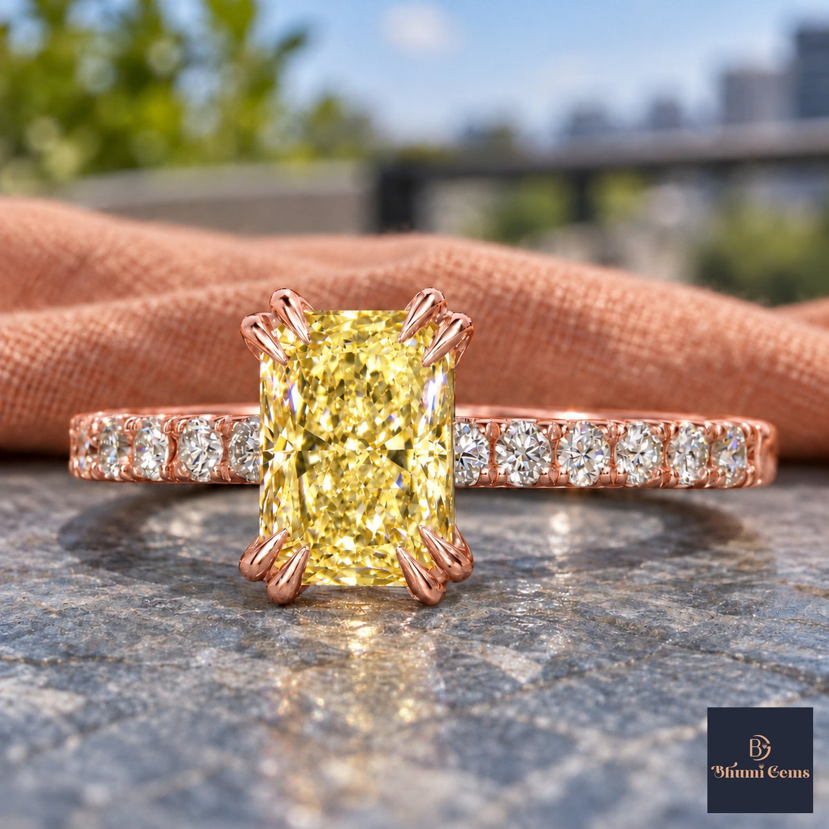 Yellow Radiant Cut Lab Grown Diamond Engagement Ring - Cathedral Pave Band in rose gold, close-up