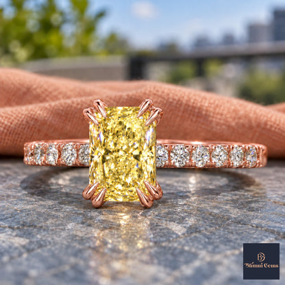 Yellow Radiant Cut Lab Grown Diamond Engagement Ring - Cathedral Pave Band in rose gold, close-up