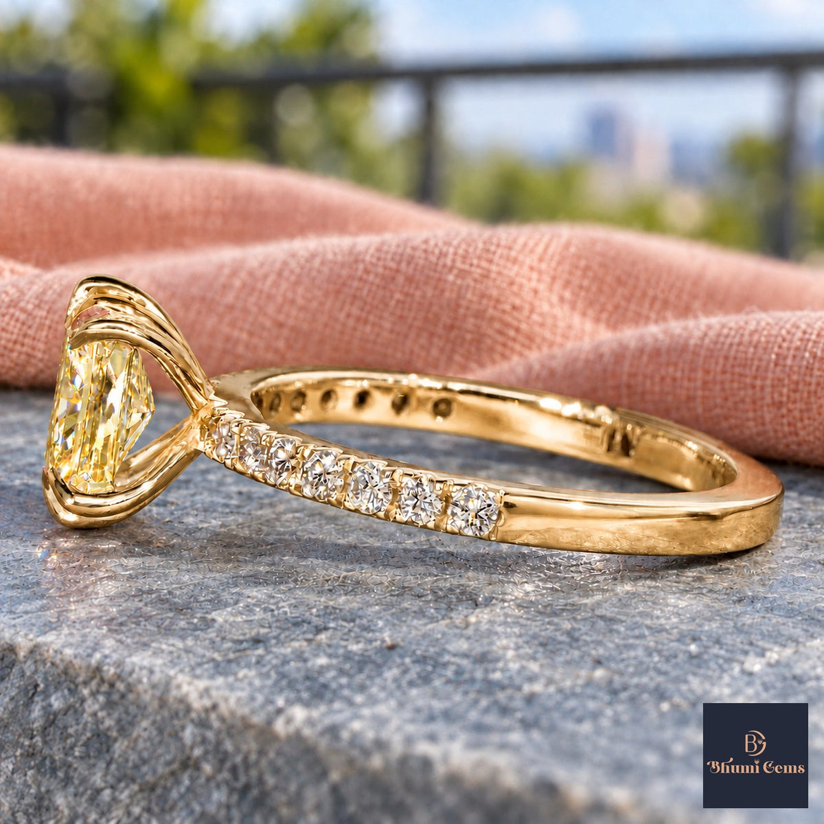 Yellow Radiant Cut Lab Grown Diamond Engagement Ring - Cathedral Pave Band in yellow gold, side view