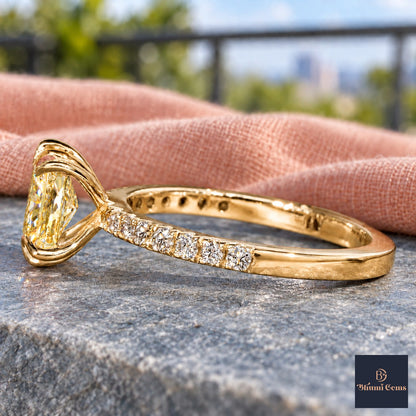Yellow Radiant Cut Lab Grown Diamond Engagement Ring - Cathedral Pave Band in yellow gold, side view