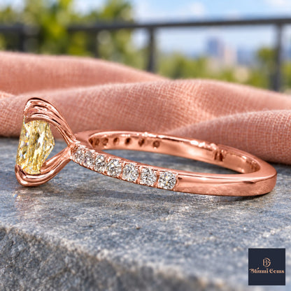 Yellow Radiant Cut Lab Grown Diamond Engagement Ring - Cathedral Pave Band in rose gold, side view