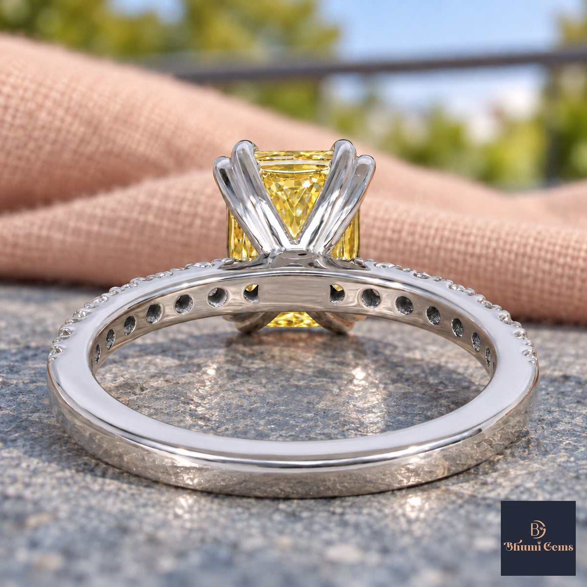 Yellow Radiant Cut Lab Grown Diamond Engagement Ring - Cathedral Pave Band in white gold, gallery view