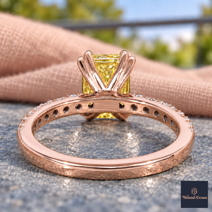 Yellow Radiant Cut Lab Grown Diamond Engagement Ring - Cathedral Pave Band in rose gold, gallery view