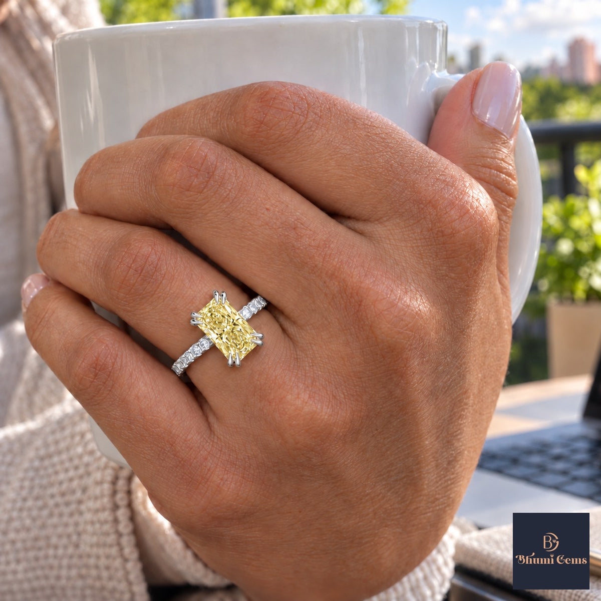 Yellow Radiant Cut Lab Grown Diamond Engagement Ring - Cathedral Pave Band in white gold, on the hand