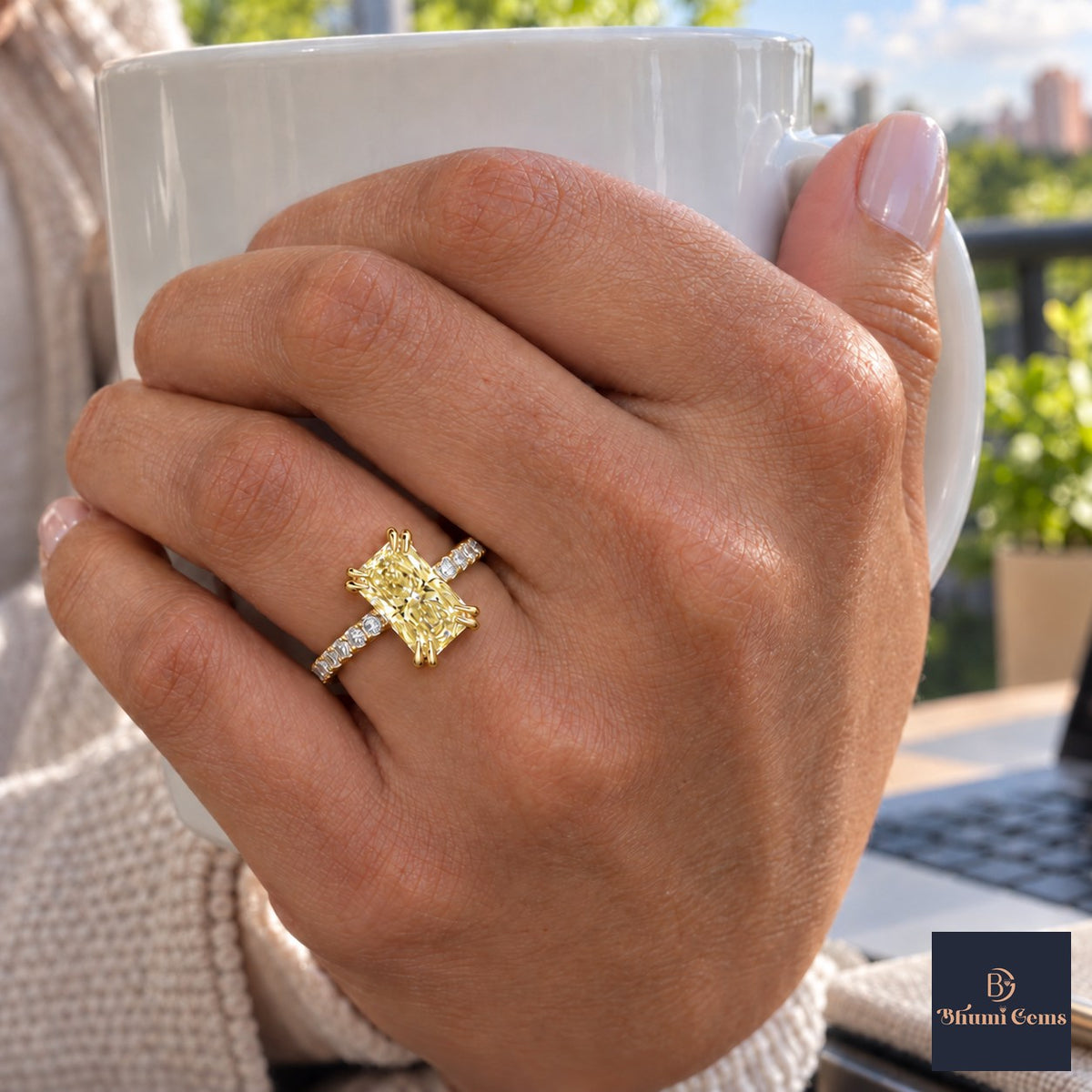 Yellow Radiant Cut Lab Grown Diamond Engagement Ring - Cathedral Pave Band in yellow gold, on the hand