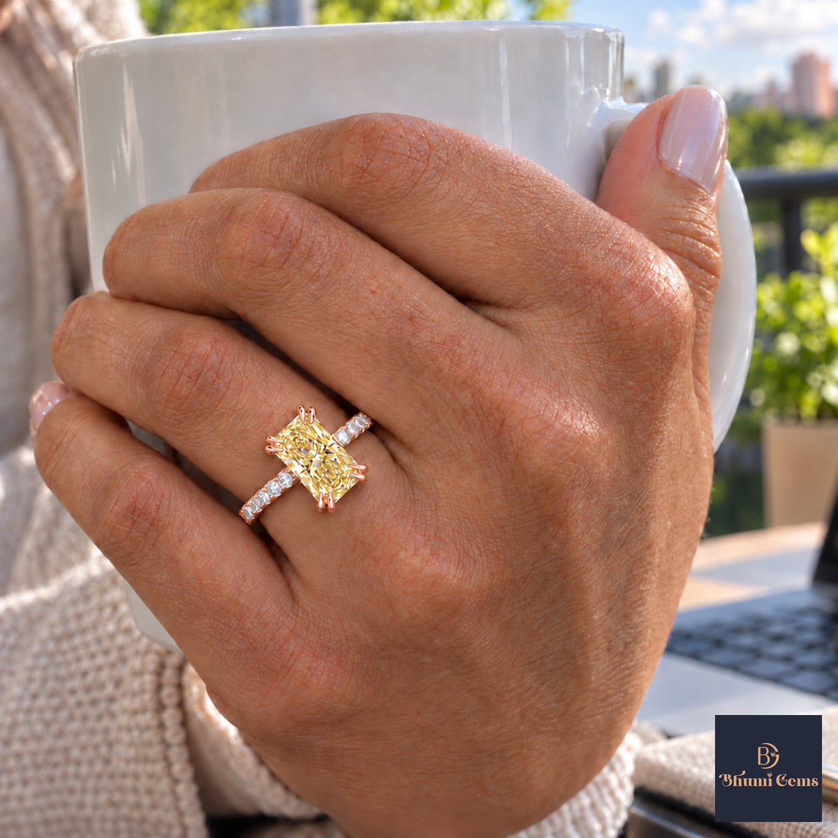 Yellow Radiant Cut Lab Grown Diamond Engagement Ring - Cathedral Pave Band in rose gold, on the hand