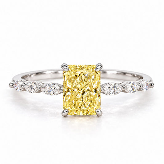 Yellow Radiant Cut Lab Grown Diamond Engagement Ring - Navette Band in white gold, front view