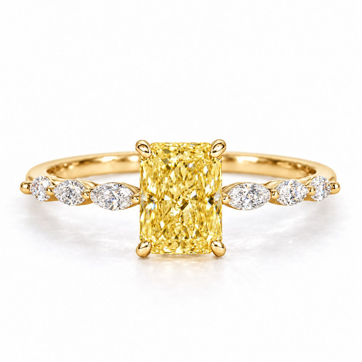 Yellow Radiant Cut Lab Grown Diamond Engagement Ring - Navette Band in yellow gold, front view