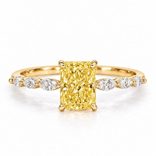Yellow Radiant Cut Lab Grown Diamond Engagement Ring - Navette Band in yellow gold, front view