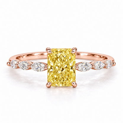 Yellow Radiant Cut Lab Grown Diamond Engagement Ring - Navette Band in rose gold, front view