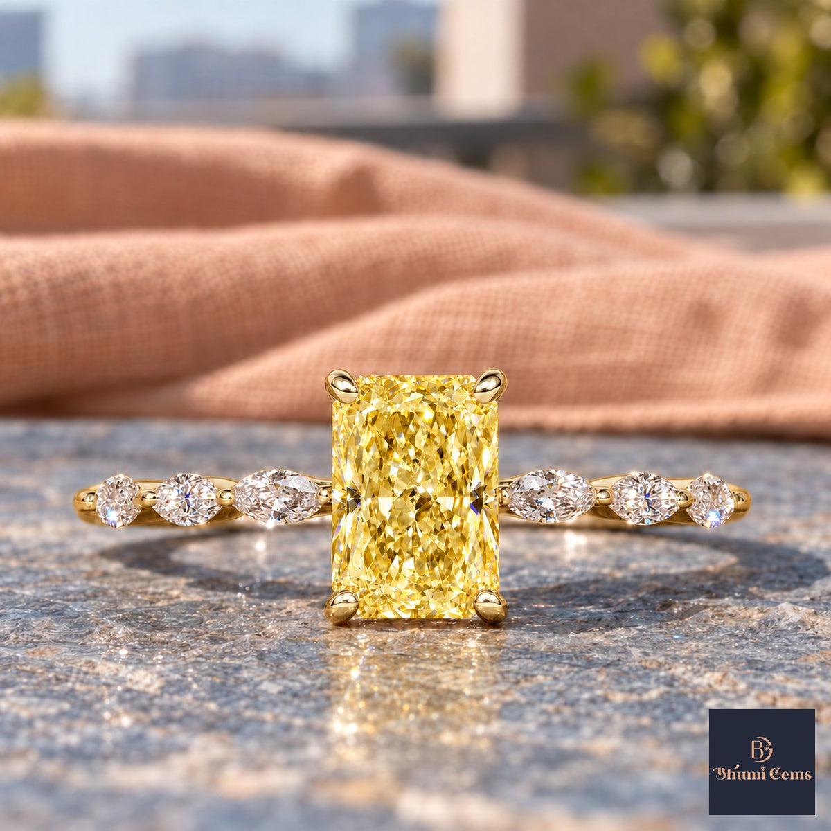 Yellow Radiant Cut Lab Grown Diamond Engagement Ring - Navette Band in yellow gold, close-up