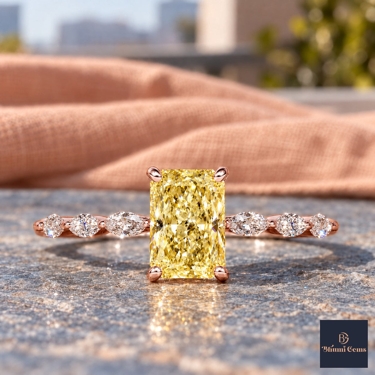 Yellow Radiant Cut Lab Grown Diamond Engagement Ring - Navette Band in rose gold, close-up