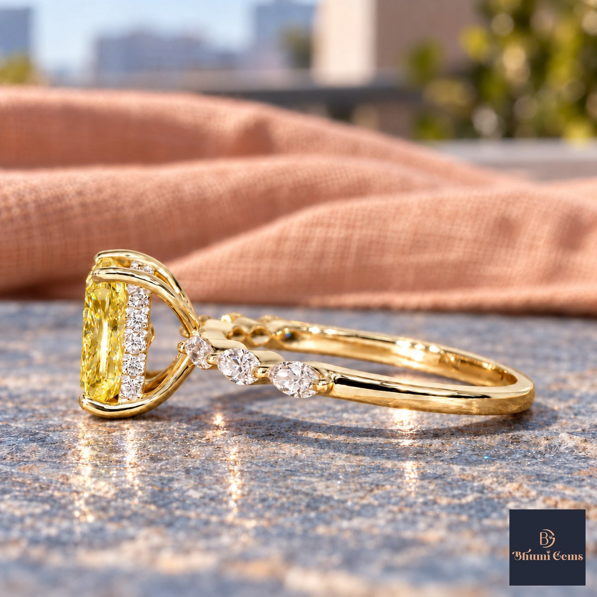 Yellow Radiant Cut Lab Grown Diamond Engagement Ring - Navette Band in yellow gold, side view